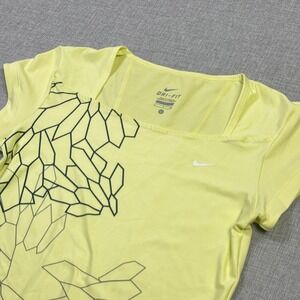 Nike Court Tennis Shirt Womens Small Yellow Dri-FIT Square Neck Short Sleeve